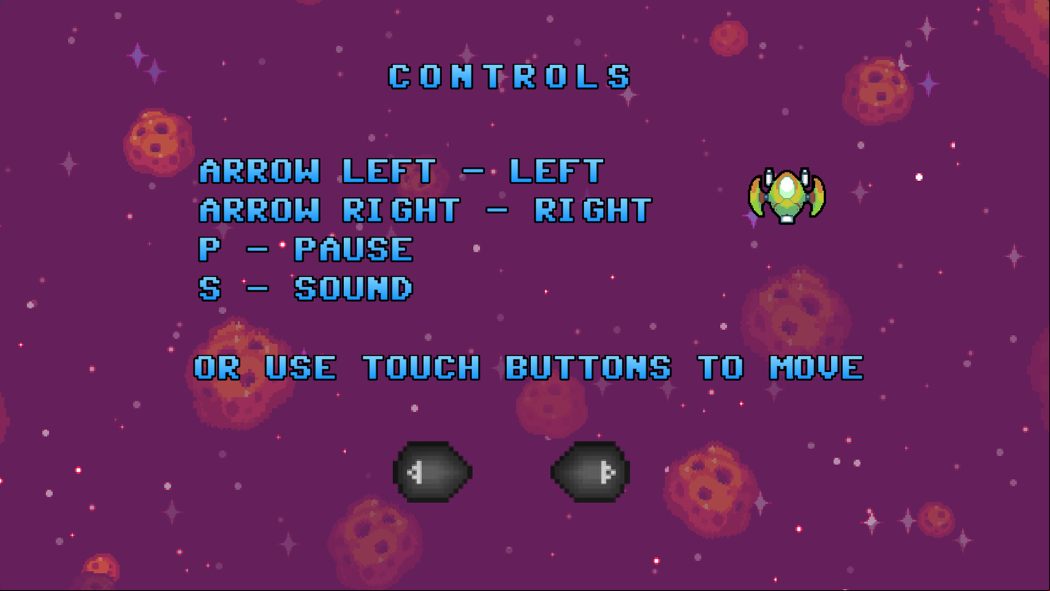 Alien Space War Game Controls Screenshot.