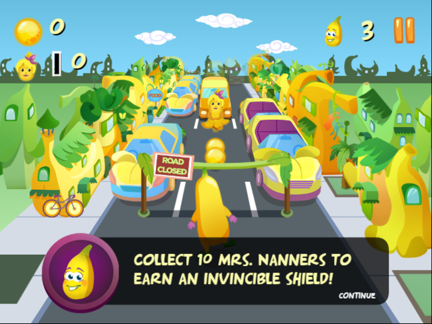 Banana Running Game Invincible Shield Tutorial Screen Screenshot.