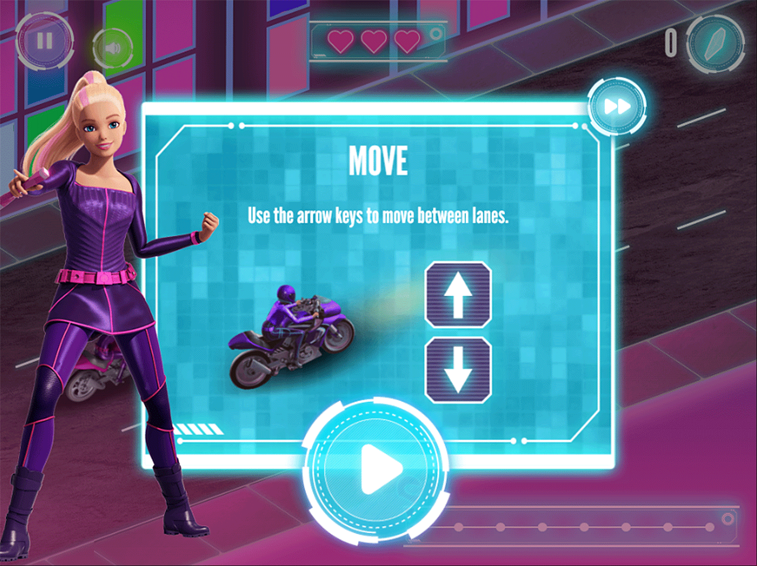 Barbie Spy Squad Academy Game Motorcycle Race Instruction Screenshot.