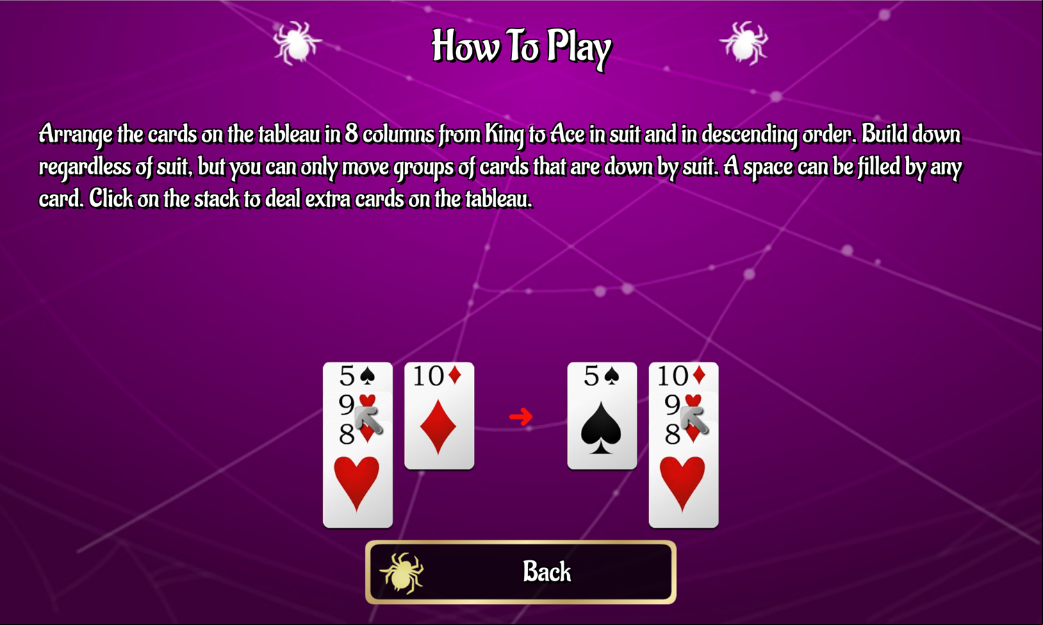 Beetle Solitaire Game How to Play Instructions Screen Screenshot.