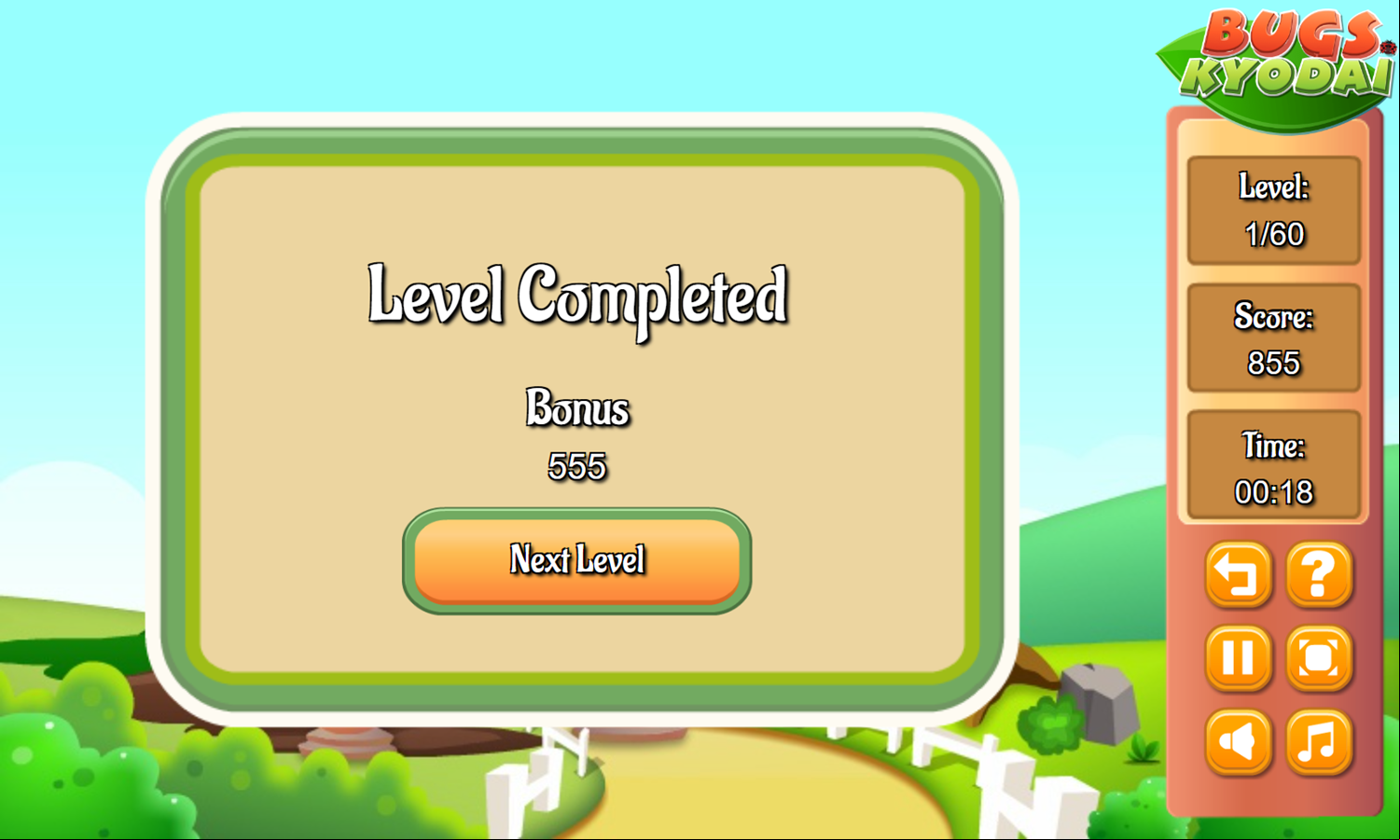 Bugs Kyodai Game Level Completed Screenshot.