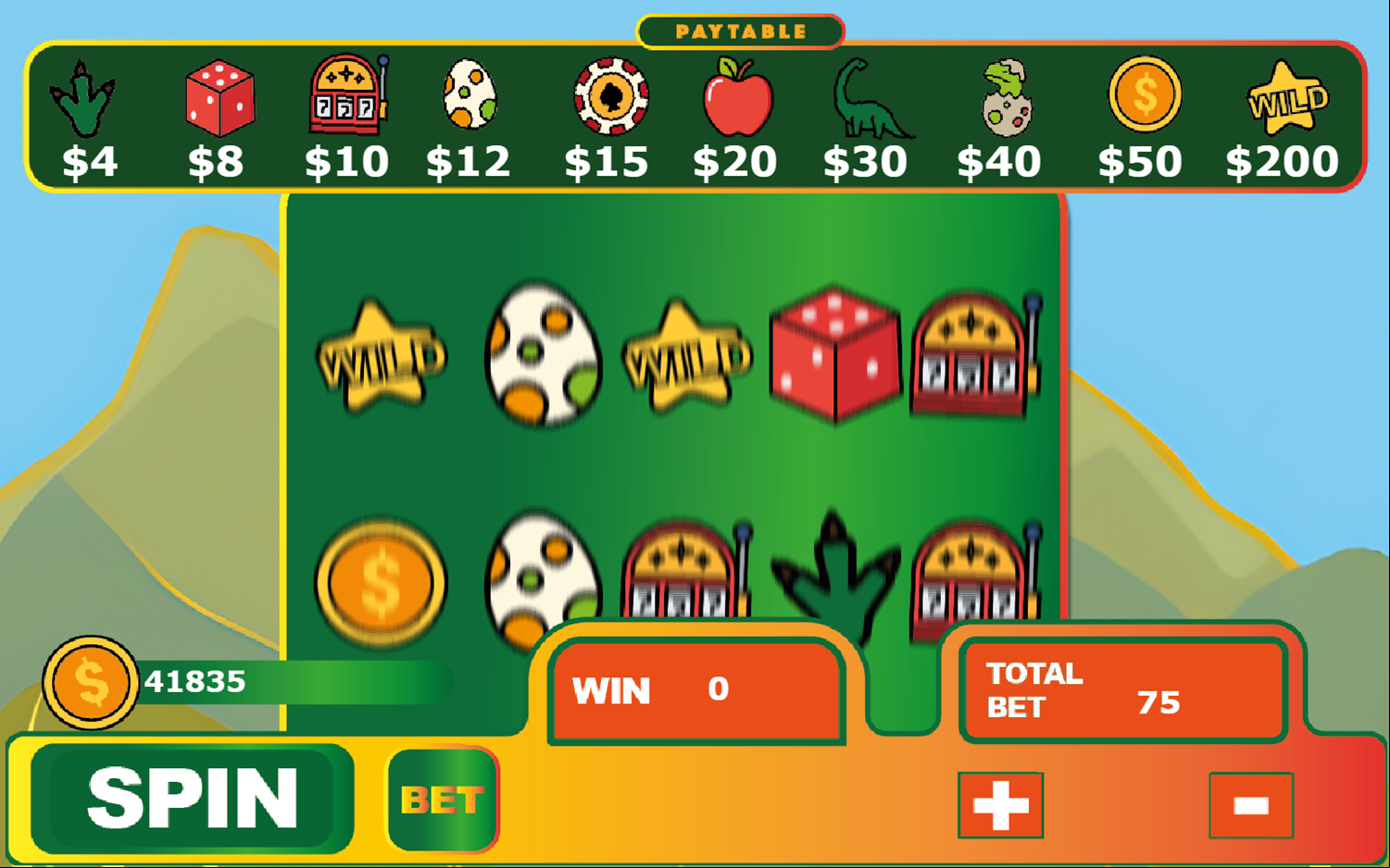 Dino's Fortune Game Spin Simulation Screenshot.