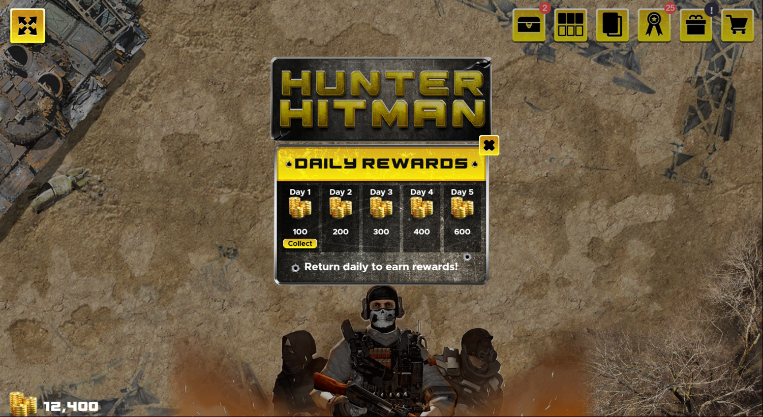 Hunter Hitman Game Daily Rewards Screenshot.