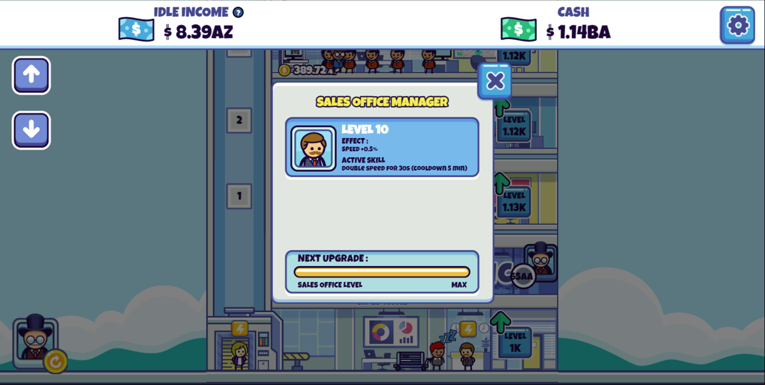 Idle Startup Tycoon Game Sales Office Manager Fully Upgraded Screen Screenshot.