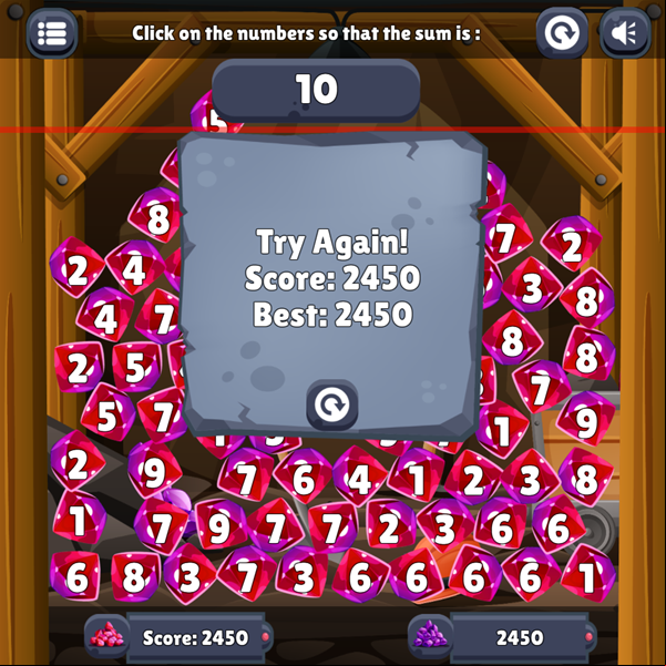 Math Sum Diamond Game Over Screenshot.