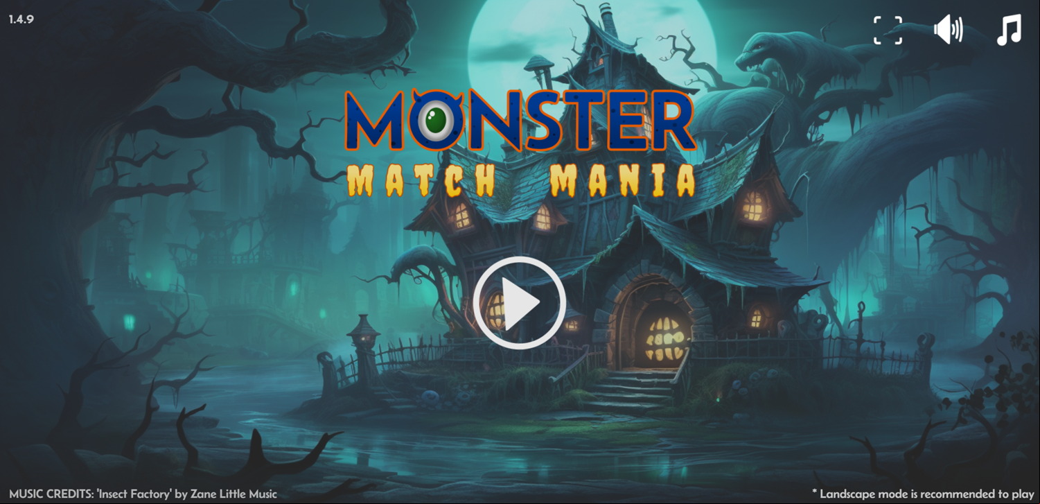Monster Match Mania Game Welcome Screen Screenshot.
