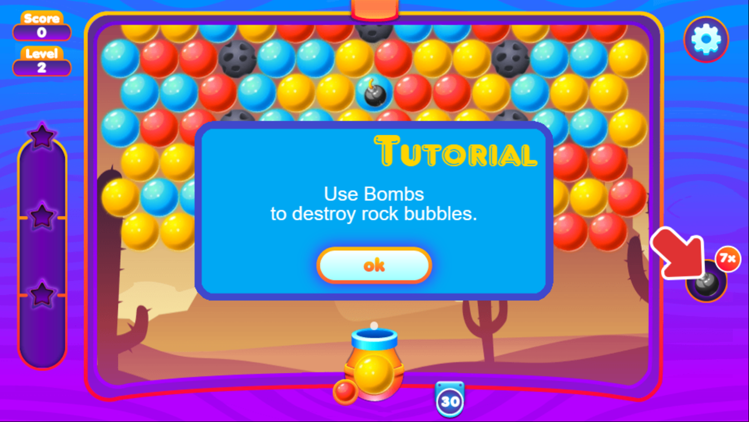 Super Bubble Shooter Game Bombs Destroy Rocks Tutorial Screen Screenshot.
