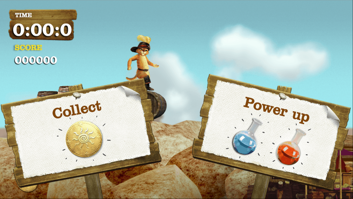 The Adventures of Puss in Boots Barrel Run Game Collecting Instructions Screen Screenshot.