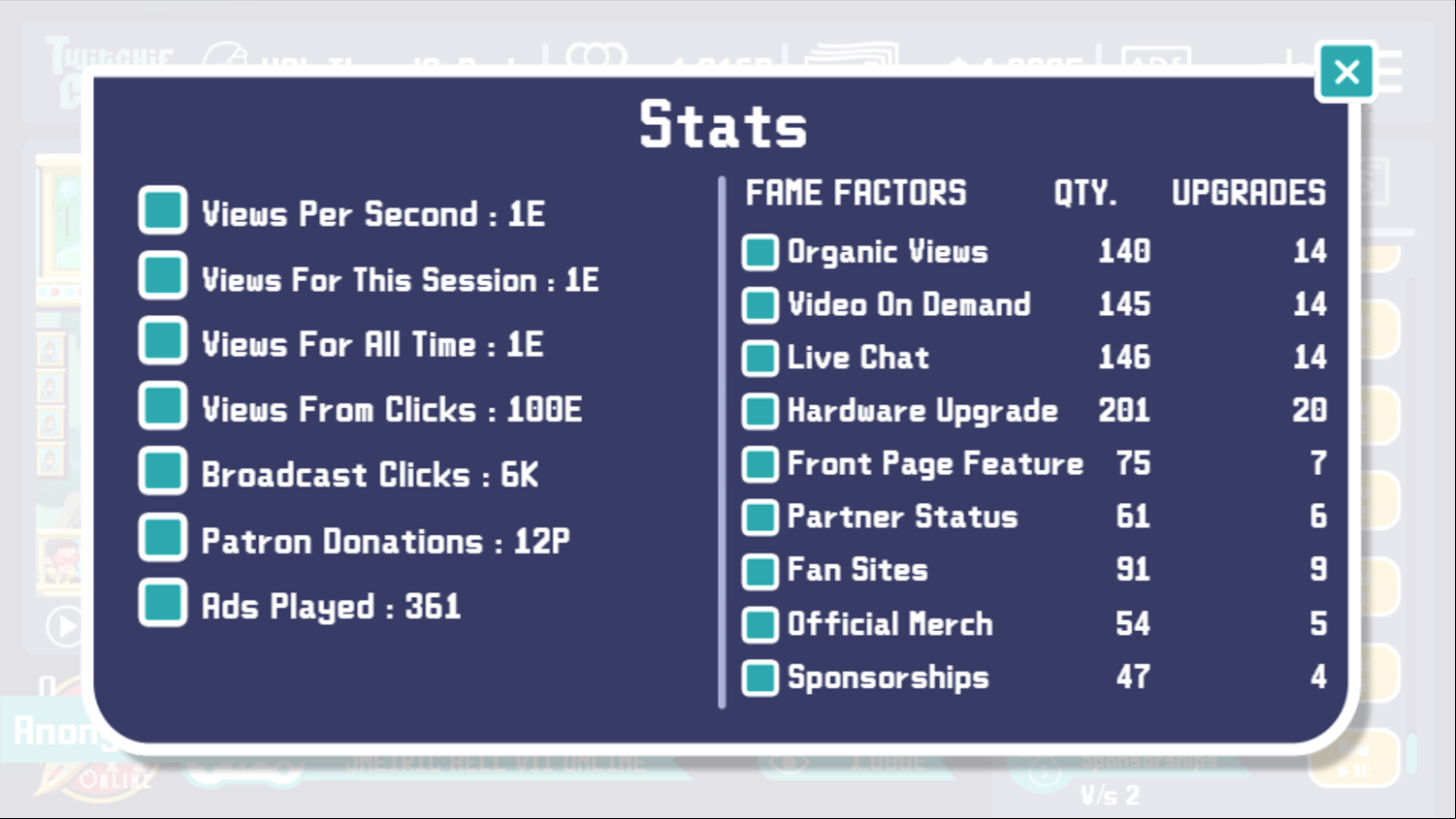 Twitchie Clicker Game Stats Screen Screenshot.